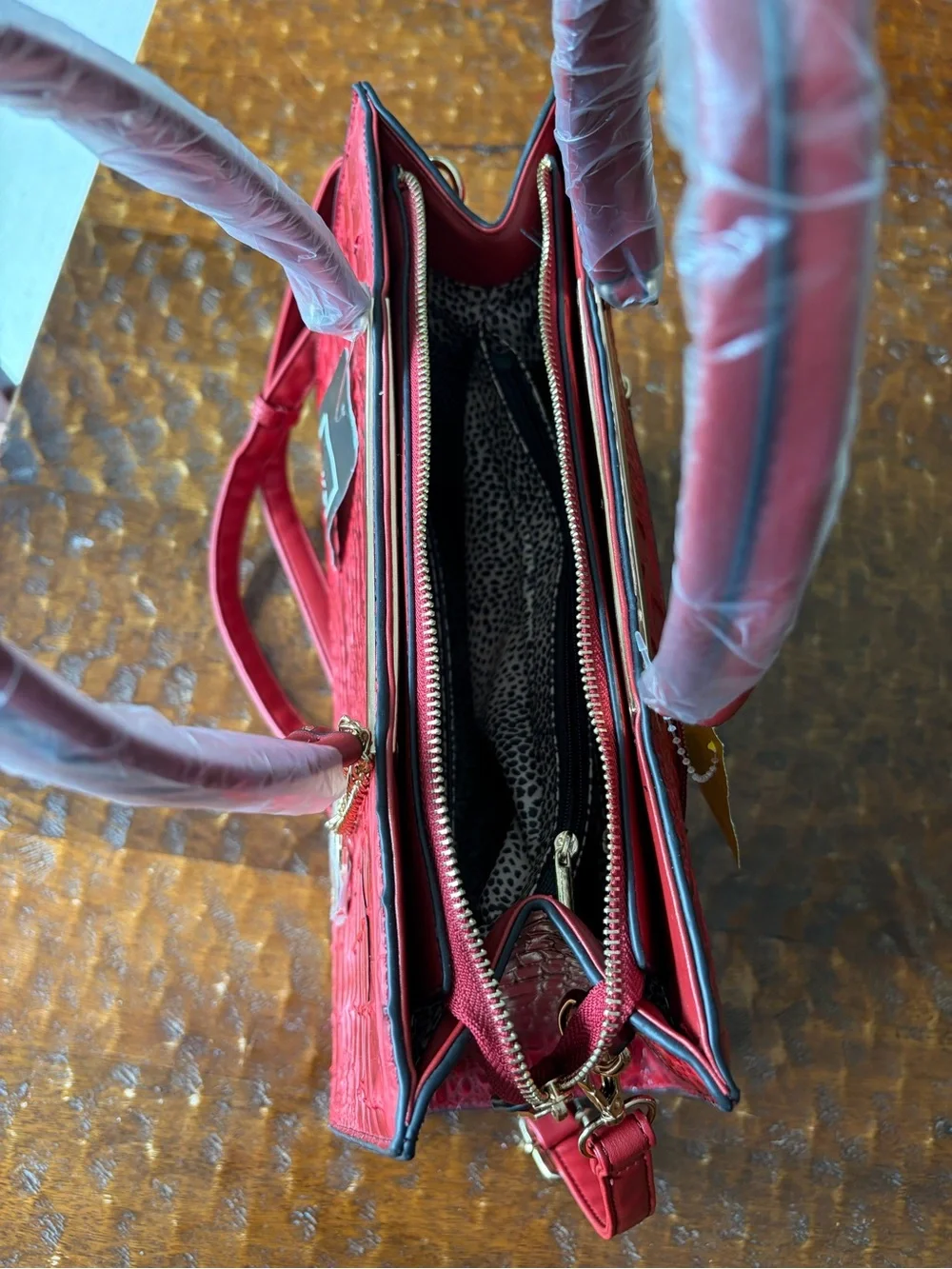MKF Collection Red Croc-Embossed Satchel with Chain Charm